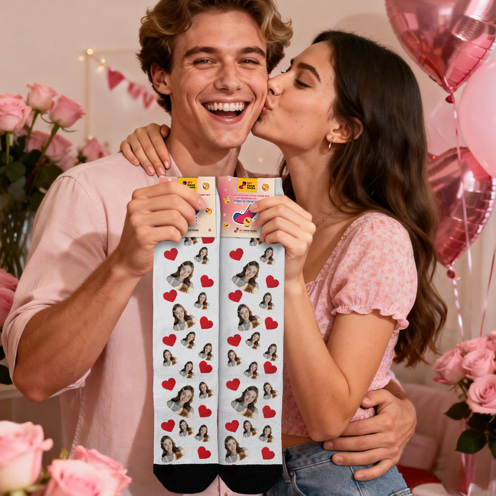 Chaussettes Personnalisées Saint-valentin Avec Photo Et Cœur - Cadeau Mignon Pour Lui Ou Elle - MyFaceSocksFR