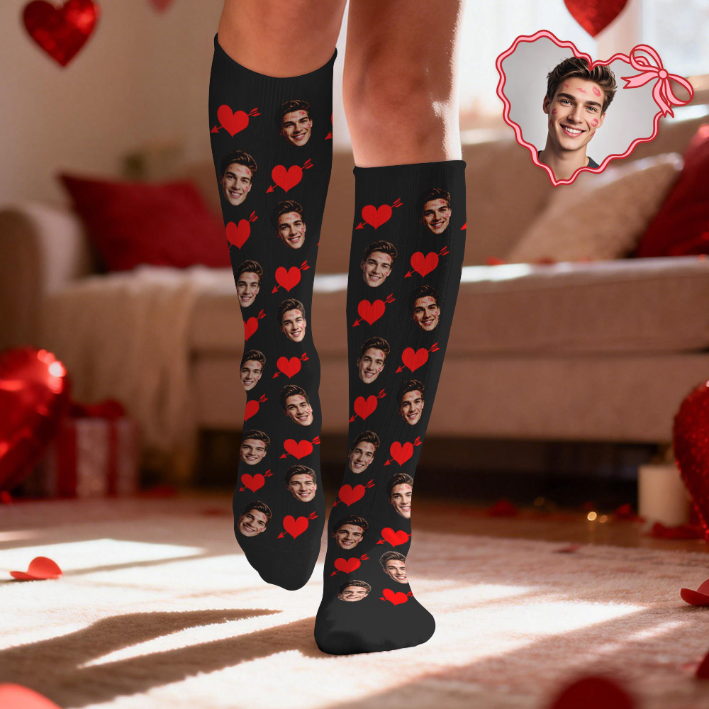 Chaussettes De Compression Personnalisées Avec Photo Et Cœur - Cadeau Pour Lui Ou Elle - MyFaceSocksFR