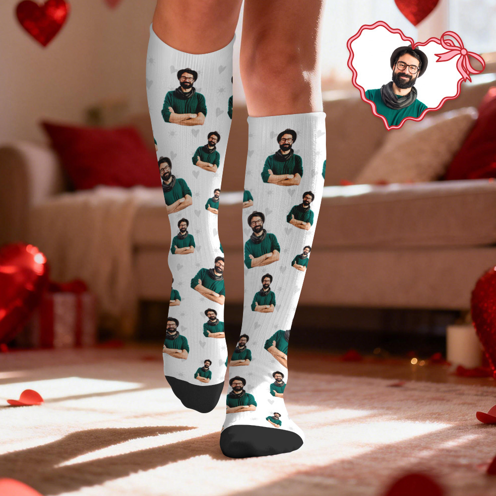 Chaussettes De Compression Personnalisées Avec Photo Et Cœur - Cadeau Pour Lui Ou Elle - MyFaceSocksFR