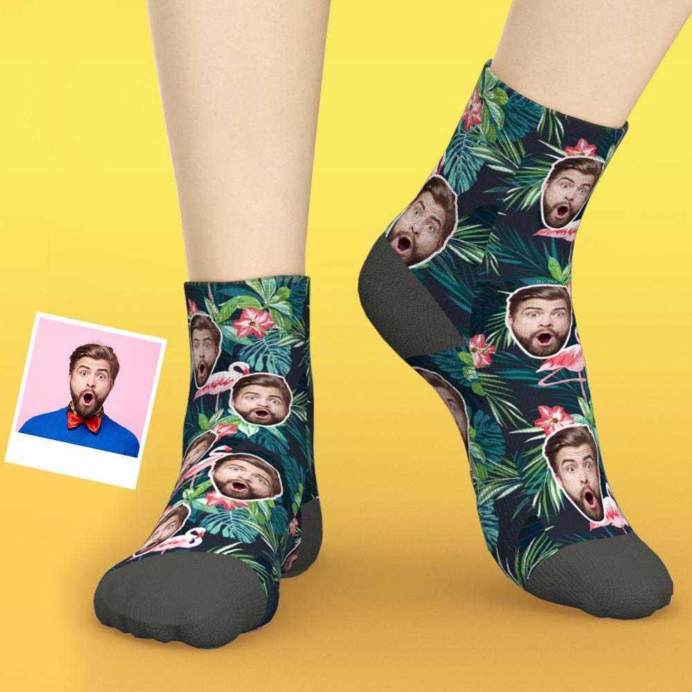 Chaussettes Personnalisées Pour Le Visage Chaussettes Courtes Pour Les Fleurs Et Les Feuilles De Flamants Roses D'été - VisageChaussettes