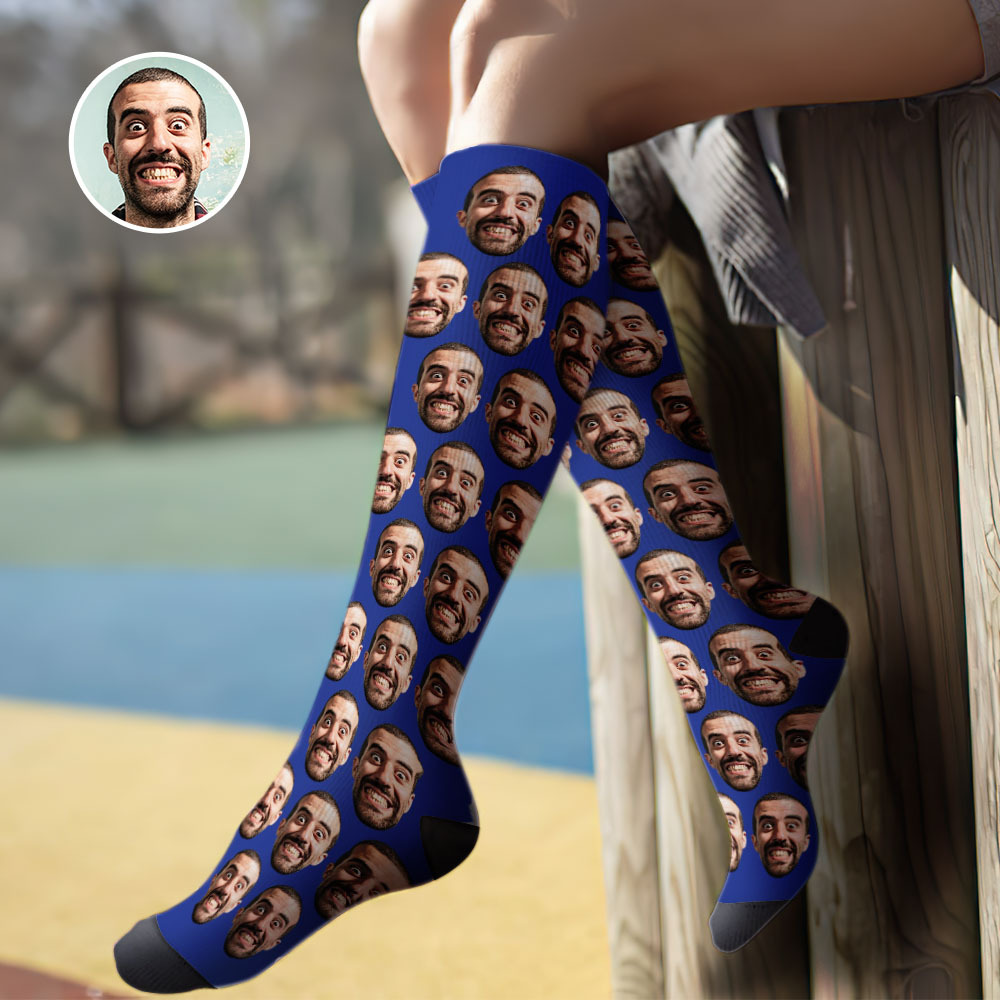 Chaussettes Hautes Personnalisées Pour L'été - Bleu Intégral - MyFaceSocksFR
