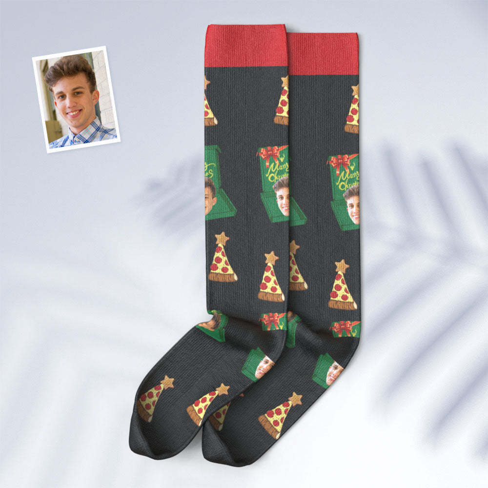 Chaussettes Hautes Visage Personnalisées Chaussettes Photo Personnalisées Chapeau De Noël Joyeux Noël - VisageChaussettes