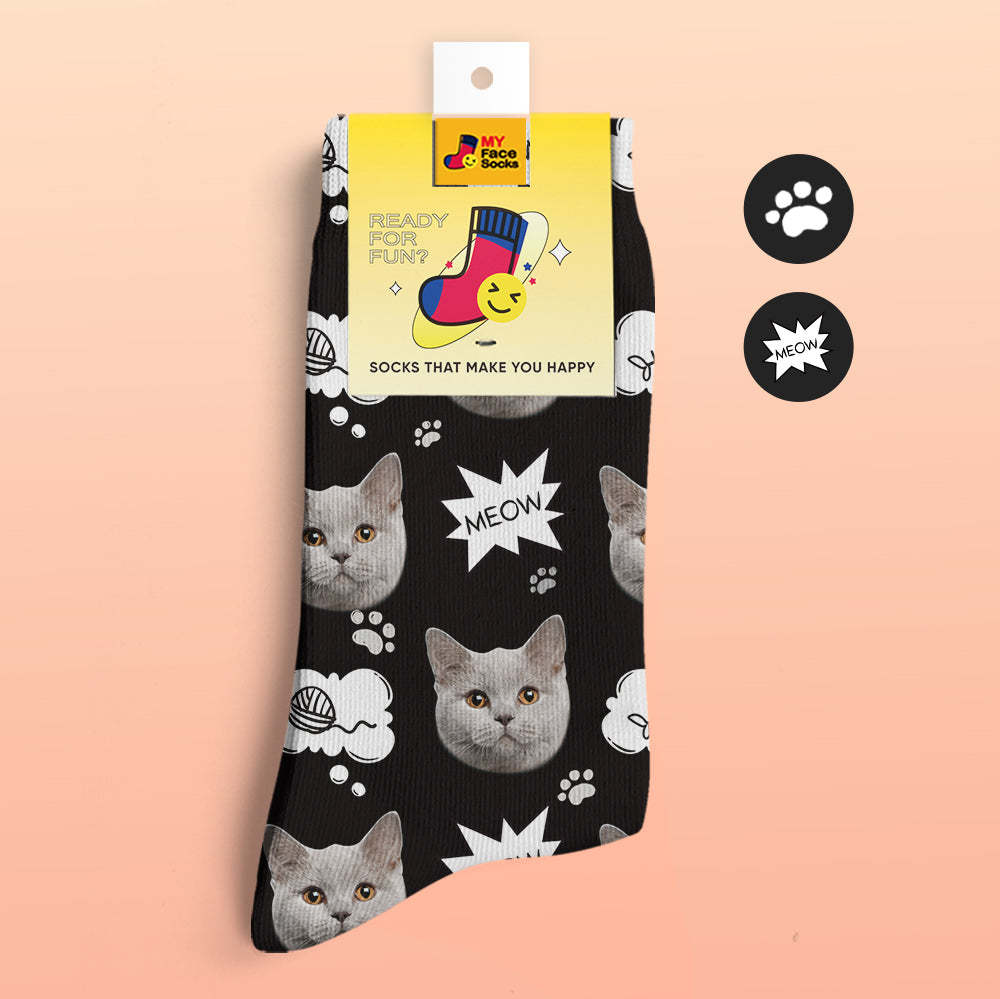 Chaussettes De Prévisualisation 3d Personnalisées Chaussettes My Face Ajouter Des Images Et Un Nom - Meow - VisageChaussettes