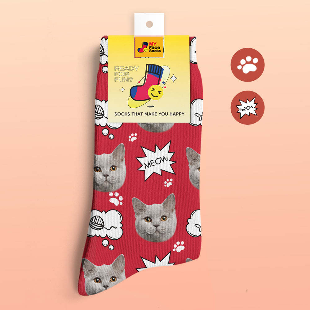 Chaussettes De Prévisualisation 3d Personnalisées Chaussettes My Face Ajouter Des Images Et Un Nom - Meow - VisageChaussettes