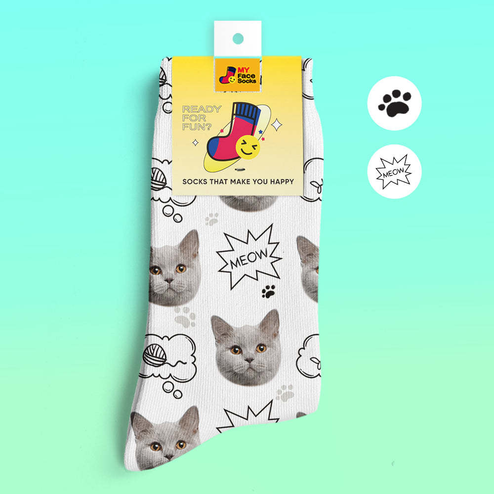 Chaussettes De Prévisualisation 3d Personnalisées Chaussettes My Face Ajouter Des Images Et Un Nom - Meow - VisageChaussettes