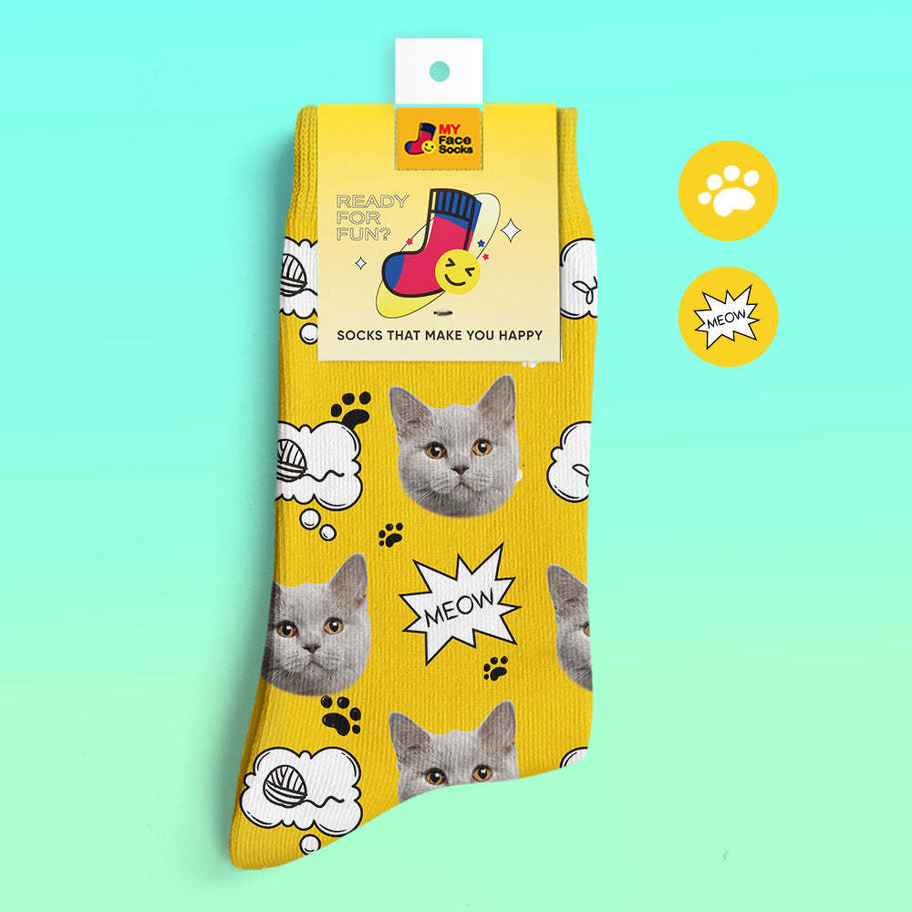 Chaussettes De Prévisualisation 3d Personnalisées Chaussettes My Face Ajouter Des Images Et Un Nom - Meow - VisageChaussettes