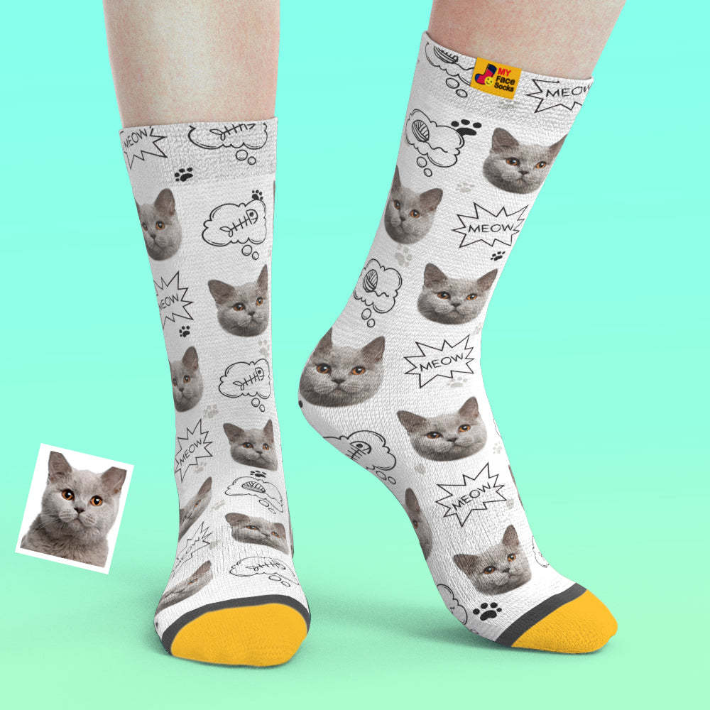 Chaussettes De Prévisualisation 3d Personnalisées Chaussettes My Face Ajouter Des Images Et Un Nom - Meow - VisageChaussettes