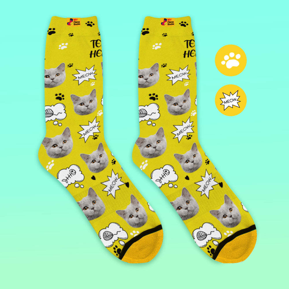 Chaussettes De Prévisualisation 3d Personnalisées Chaussettes My Face Ajouter Des Images Et Un Nom - Meow - VisageChaussettes