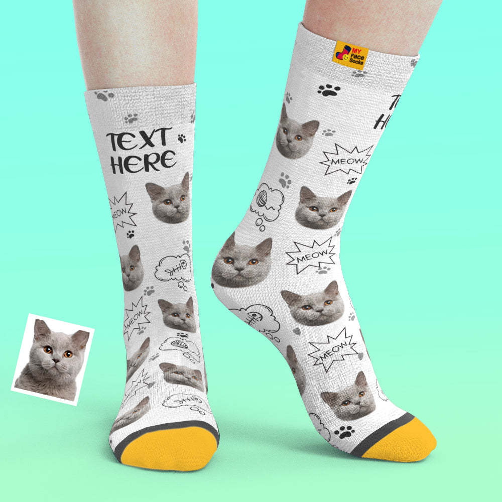 Chaussettes De Prévisualisation 3d Personnalisées Chaussettes My Face Ajouter Des Images Et Un Nom - Meow - VisageChaussettes
