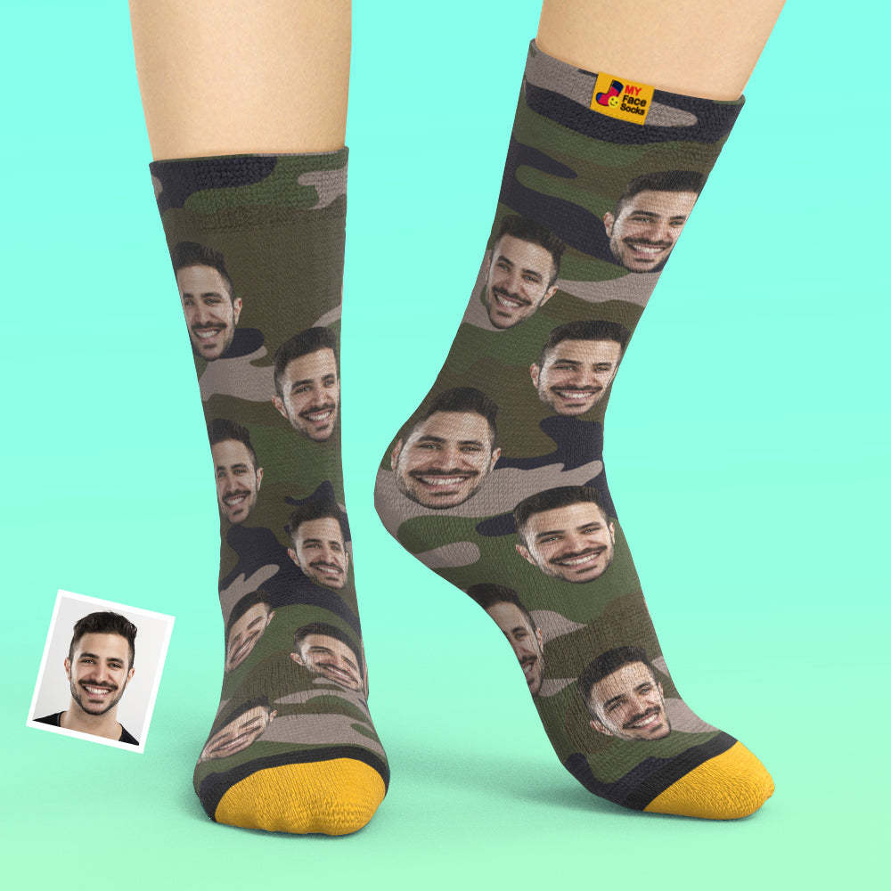 Chaussettes Imprimées Numériques 3d Personnalisées My Face Socks Ajouter Des Images Et Un Nom - Camo Vert - VisageChaussettes