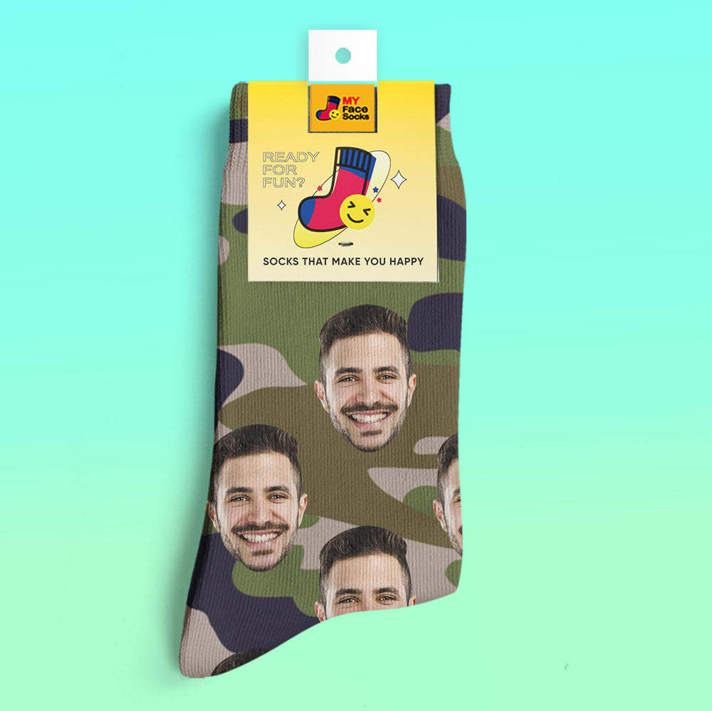 Chaussettes Imprimées Numériques 3d Personnalisées My Face Socks Ajouter Des Images Et Un Nom - Camo Vert - VisageChaussettes