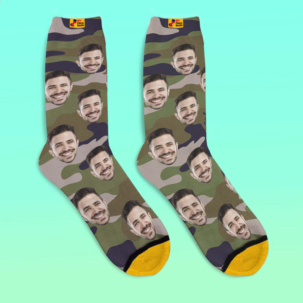 Chaussettes Imprimées Numériques 3d Personnalisées My Face Socks Ajouter Des Images Et Un Nom - Camo Vert - VisageChaussettes