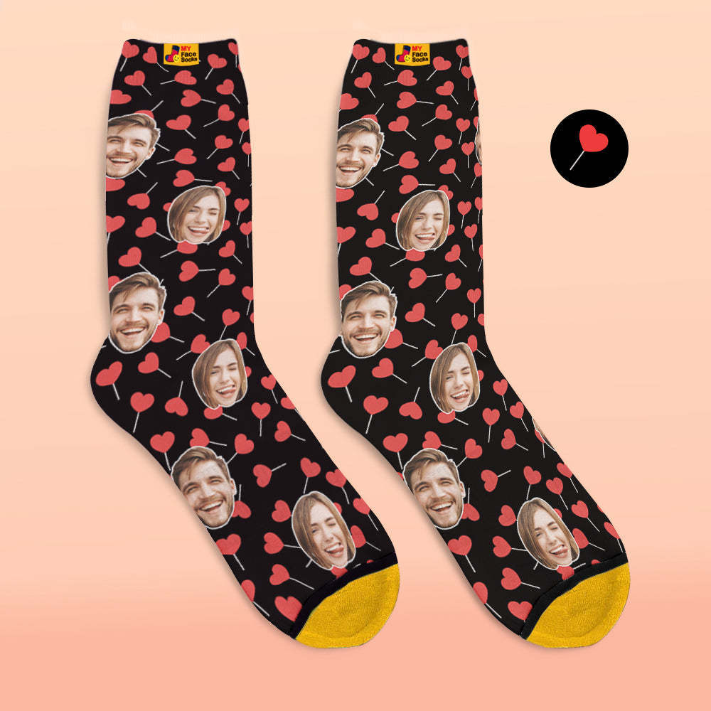 Chaussettes Imprimées Numériques 3d Personnalisées My Face Socks Ajouter Des Images Et Un Nom - Heart Lollipops - VisageChaussettes