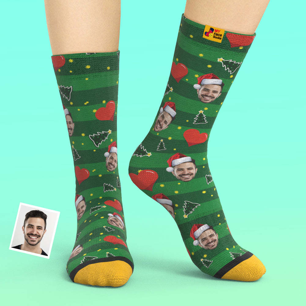 Chaussettes Imprimées Numériques 3d Personnalisées My Face Socks Ajouter Des Images Et Un Nom - Coeur De Noël - VisageChaussettes