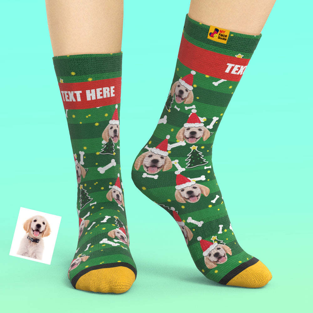 Chaussettes Imprimées Numériques 3d Personnalisées My Face Socks Ajouter Des Images Et Un Nom - Chien Du Père Noël - VisageChaussettes