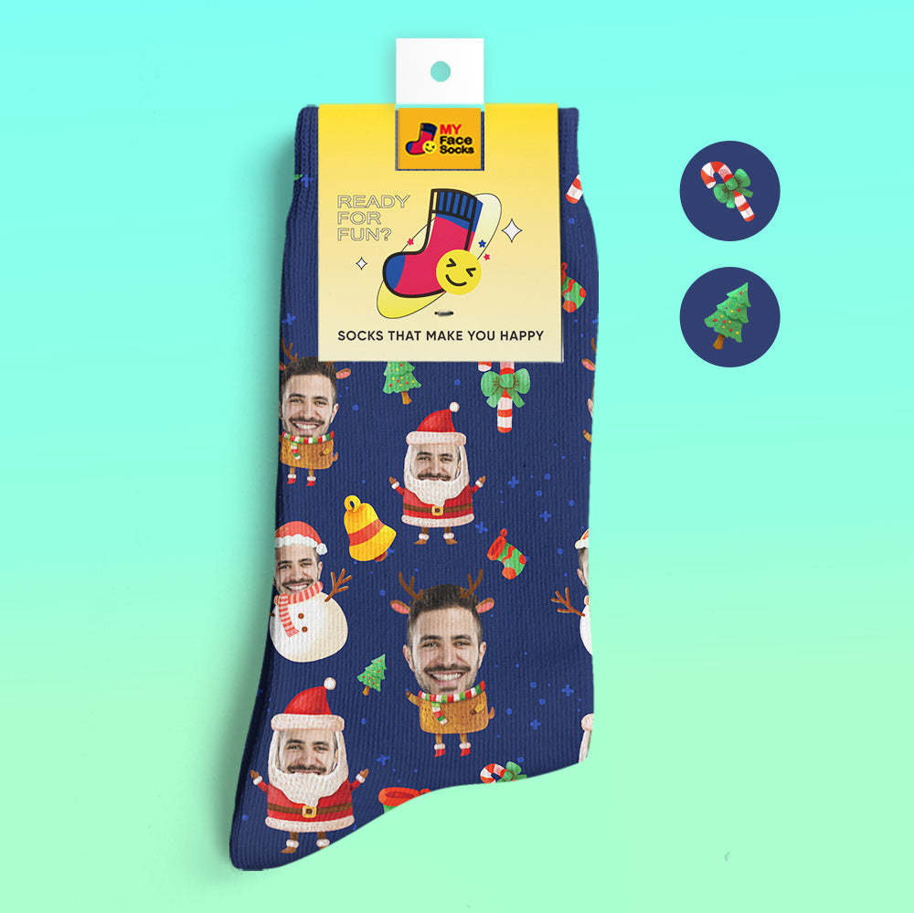 Chaussettes Imprimées Numériques 3d Personnalisées My Face Socks Ajoutez Des Images Et Un Nom - Père Noël Et Bonhomme De Neige - VisageChaussettes