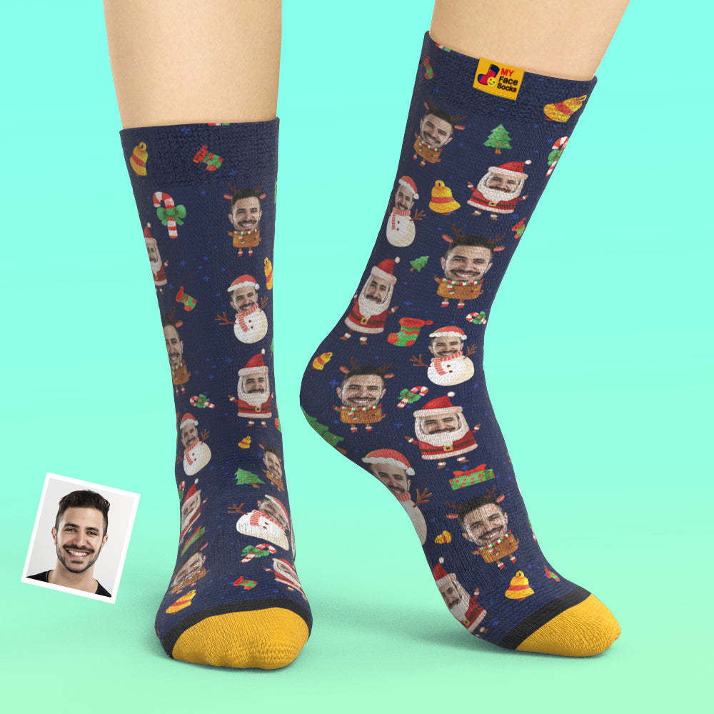 Chaussettes Imprimées Numériques 3d Personnalisées My Face Socks Ajoutez Des Images Et Un Nom - Père Noël Et Bonhomme De Neige - VisageChaussettes