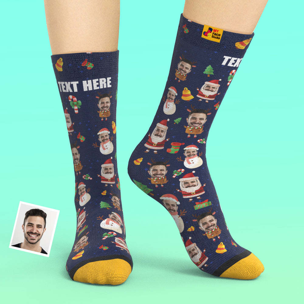 Chaussettes Imprimées Numériques 3d Personnalisées My Face Socks Ajoutez Des Images Et Un Nom - Père Noël Et Bonhomme De Neige - VisageChaussettes