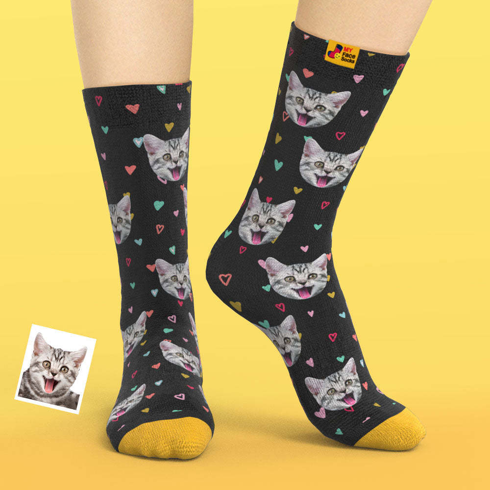Chaussettes Imprimées Numériques 3d Personnalisées My Face Socks Ajouter Des Images Et Un Nom - Coeurs Colorés - VisageChaussettes