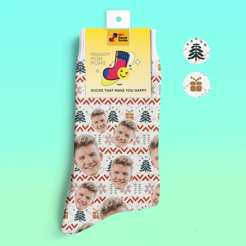 Chaussettes Imprimées Numériques 3d Personnalisées My Face Socks Ajouter Des Images Et Un Nom - Motif Tricoté De Noël - VisageChaussettes
