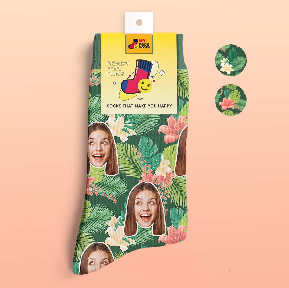 Chaussettes Imprimées Numériques 3d Personnalisées My Face Socks Ajouter Des Images Et Un Nom - Feuilles Et Fleurs - VisageChaussettes