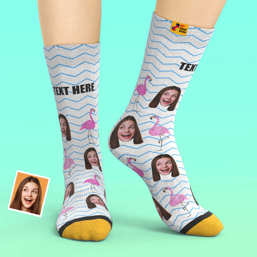 Chaussettes Imprimées Numériques 3d Personnalisées My Face Socks Ajouter Des Images Et Un Nom - Flamingos Blue Zig Zag - VisageChaussettes