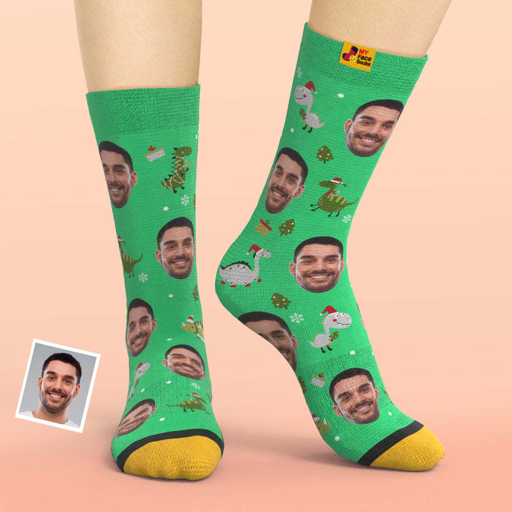 Cadeaux De Noël, Chaussettes Personnalisées Imprimées En 3d Numérique My Face Socks Ajouter Des Images Et Nommer Le Dinosaure Du Bonnet De Noel - VisageChaussettes