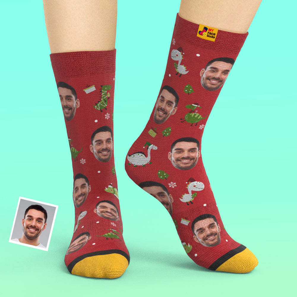Cadeaux De Noël, Chaussettes Personnalisées Imprimées En 3d Numérique My Face Socks Ajouter Des Images Et Nommer Le Dinosaure Du Bonnet De Noel - VisageChaussettes
