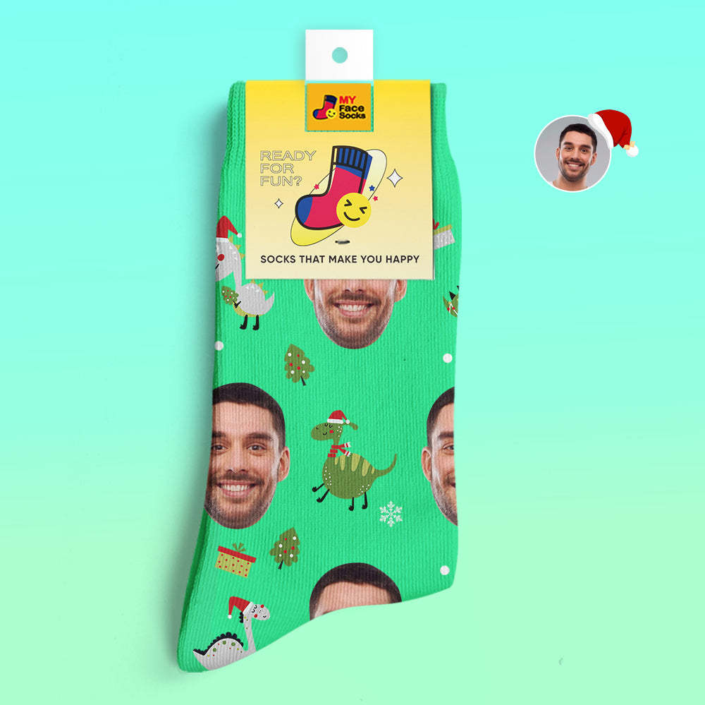Cadeaux De Noël, Chaussettes Personnalisées Imprimées En 3d Numérique My Face Socks Ajouter Des Images Et Nommer Le Dinosaure Du Bonnet De Noel - VisageChaussettes
