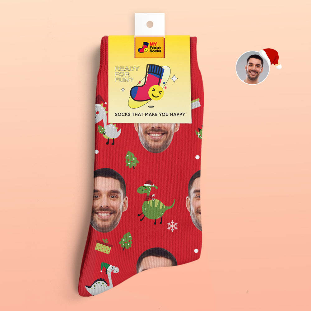 Cadeaux De Noël, Chaussettes Personnalisées Imprimées En 3d Numérique My Face Socks Ajouter Des Images Et Nommer Le Dinosaure Du Bonnet De Noel - VisageChaussettes