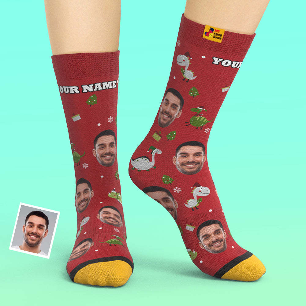 Cadeaux De Noël, Chaussettes Personnalisées Imprimées En 3d Numérique My Face Socks Ajouter Des Images Et Nommer Le Dinosaure Du Bonnet De Noel - VisageChaussettes