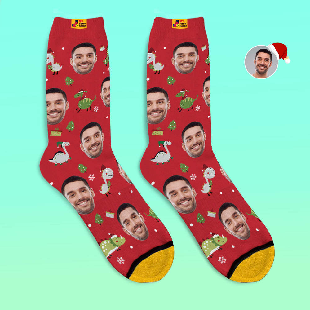 Cadeaux De Noël, Chaussettes Personnalisées Imprimées En 3d Numérique My Face Socks Ajouter Des Images Et Nommer Le Dinosaure Du Bonnet De Noel - VisageChaussettes