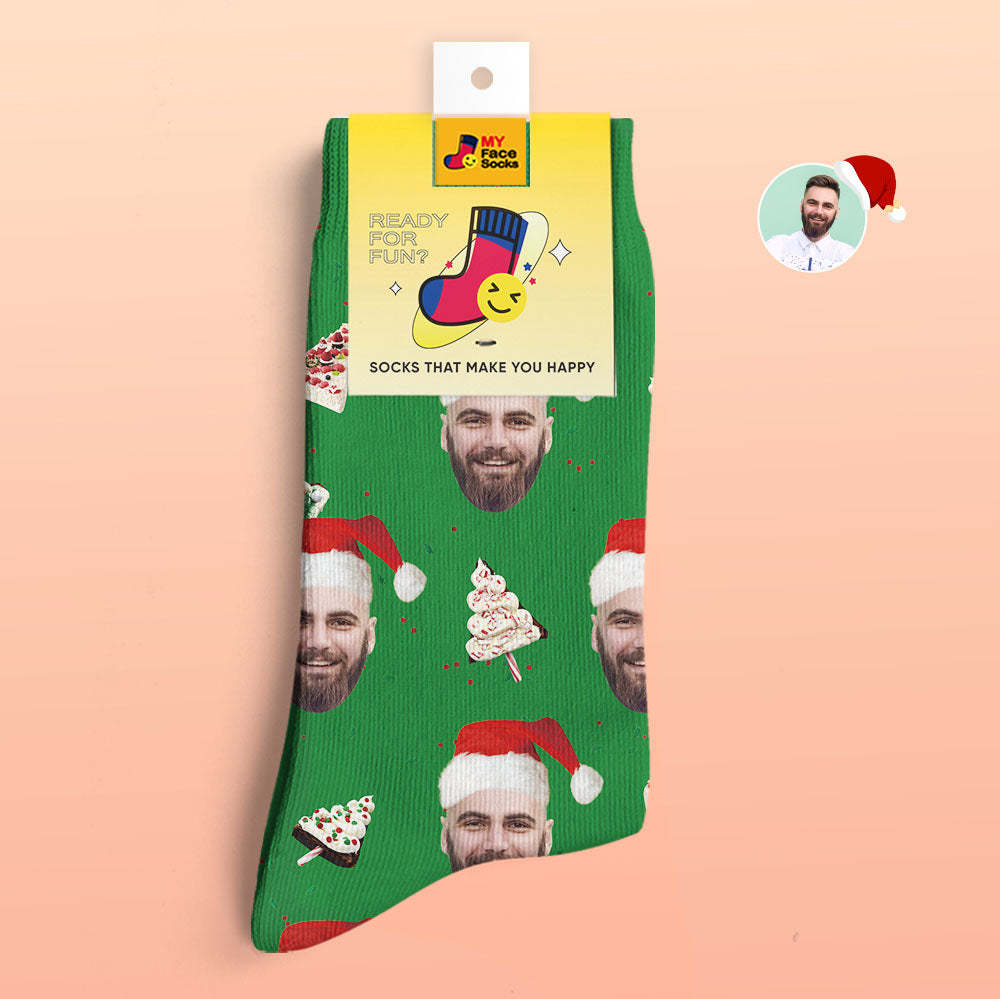 Chaussettes Imprimées Numériques 3d Personnalisées Chaussettes De Gâteau De Noël Joyeux Noël - VisageChaussettes