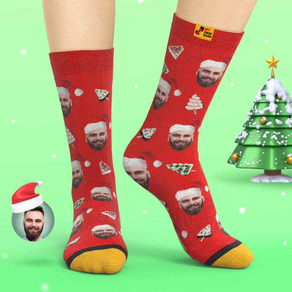Chaussettes Imprimées Numériques 3d Personnalisées Chaussettes De Gâteau De Noël Joyeux Noël - VisageChaussettes