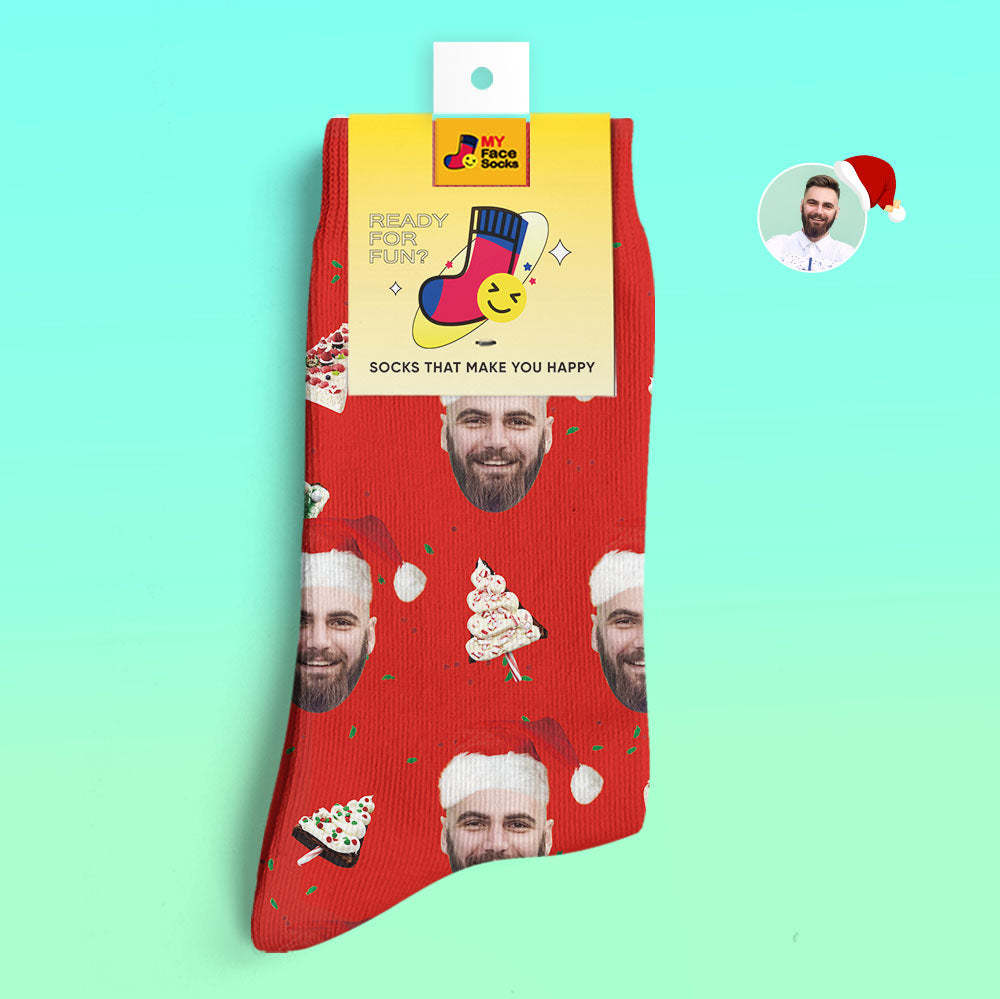 Chaussettes Imprimées Numériques 3d Personnalisées Chaussettes De Gâteau De Noël Joyeux Noël - VisageChaussettes