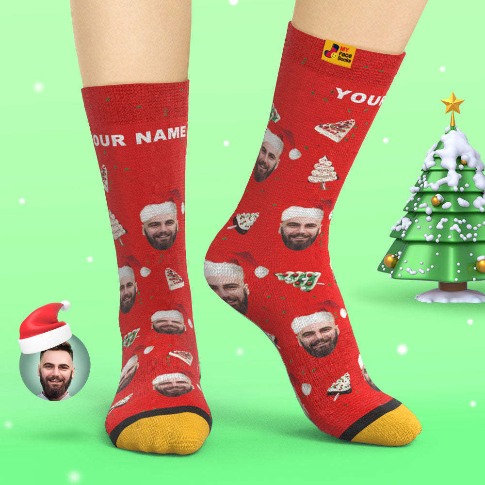 Chaussettes Imprimées Numériques 3d Personnalisées Chaussettes De Gâteau De Noël Joyeux Noël - VisageChaussettes