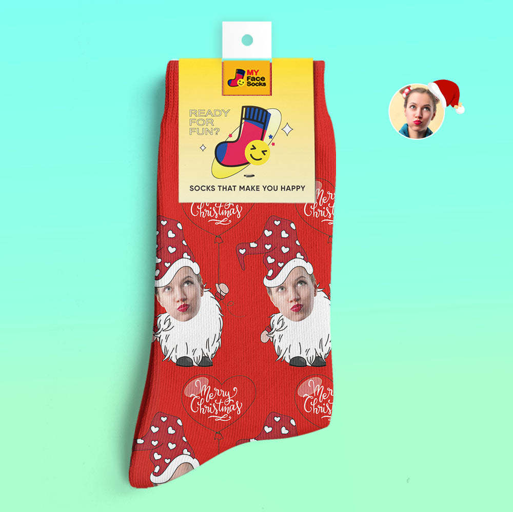 Chaussettes Imprimées Numériques Personnalisées En 3d Gnome De Noël Avec Ballon En Forme De Coeur Chaussettes De Noël - VisageChaussettes
