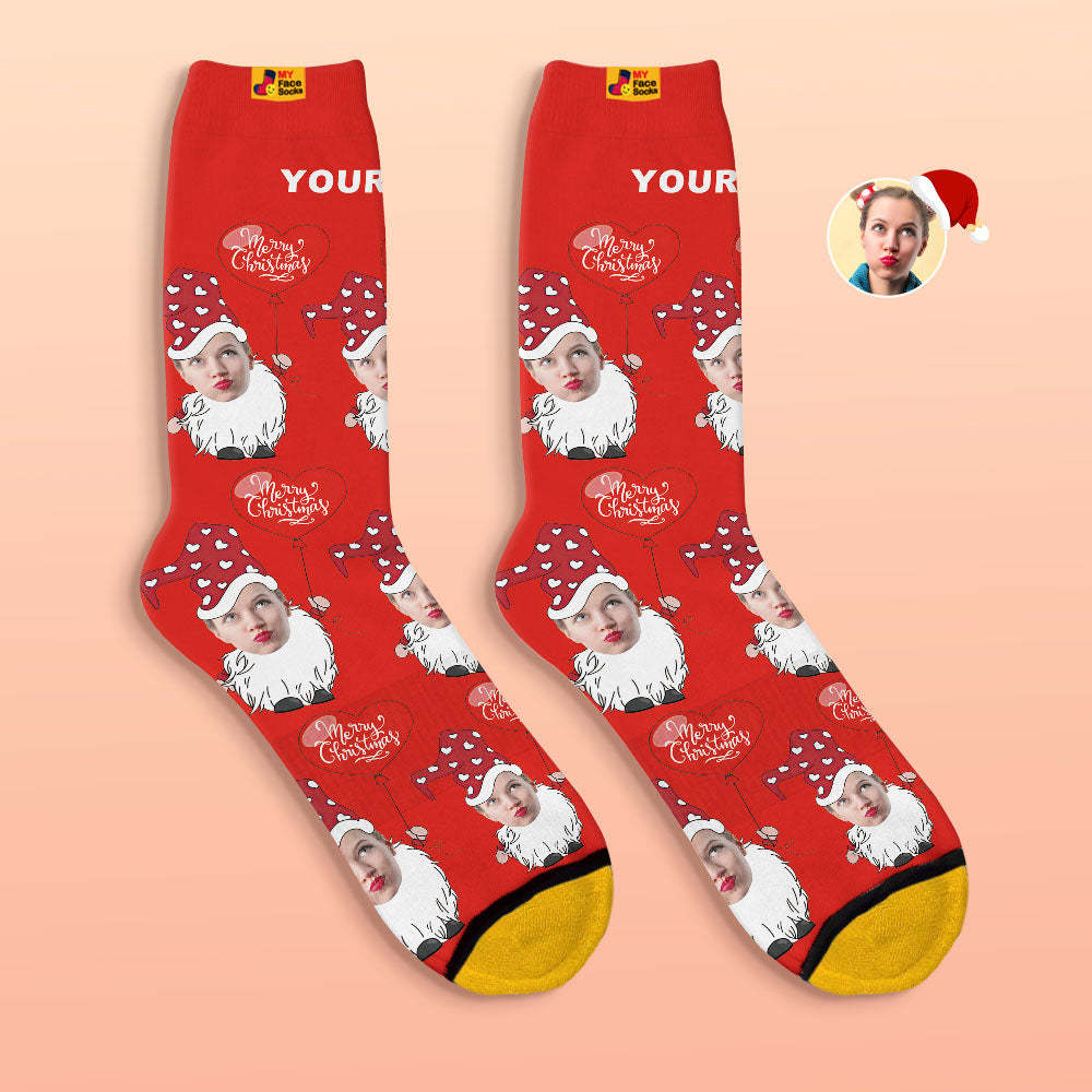 Chaussettes Imprimées Numériques Personnalisées En 3d Gnome De Noël Avec Ballon En Forme De Coeur Chaussettes De Noël - VisageChaussettes