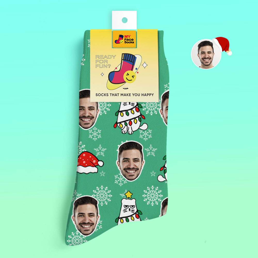 Chaussettes Imprimées Numériques 3d Personnalisées Chaussettes Cadeau De Noël Chat Mignon - VisageChaussettes