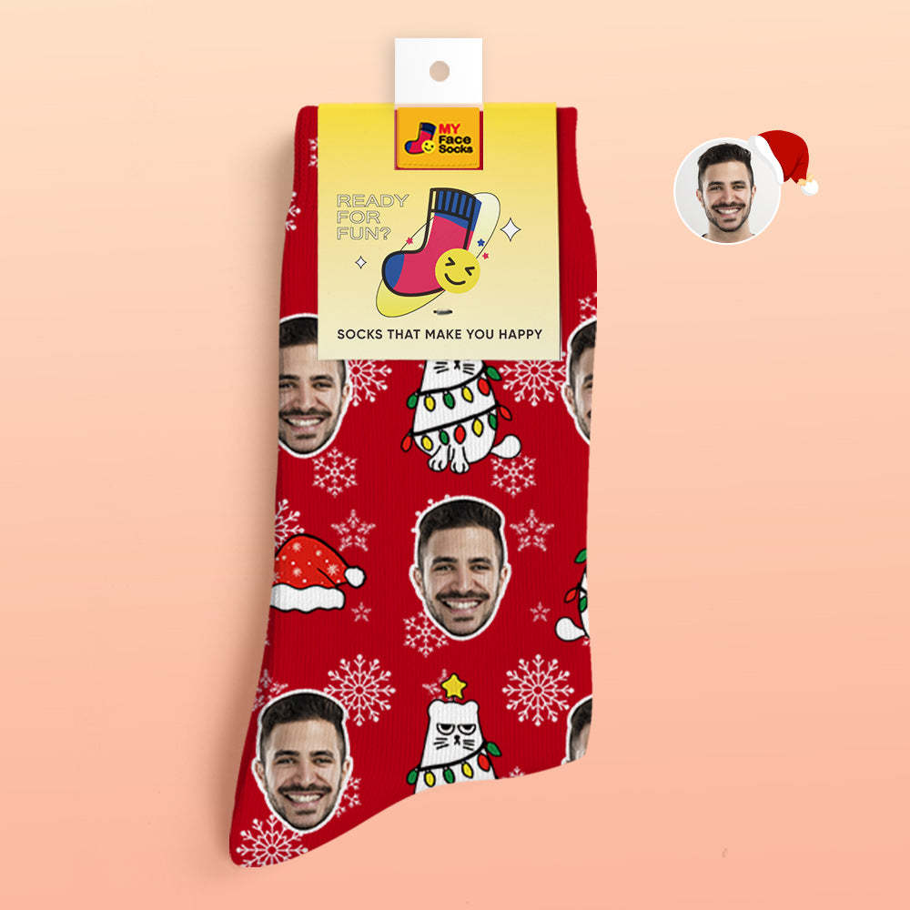 Chaussettes Imprimées Numériques 3d Personnalisées Chaussettes Cadeau De Noël Chat Mignon - VisageChaussettes