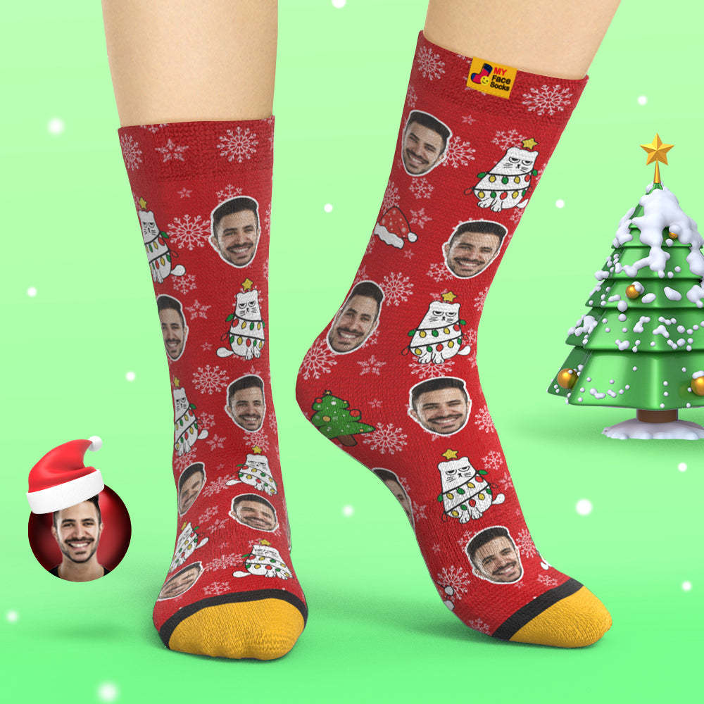 Chaussettes Imprimées Numériques 3d Personnalisées Chaussettes Cadeau De Noël Chat Mignon - VisageChaussettes