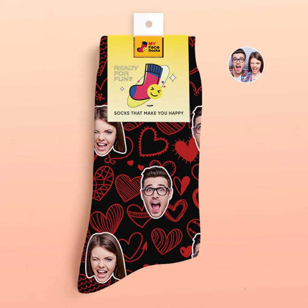 Chaussettes Imprimées Numériques Personnalisées En 3d Cadeau De La Saint-valentin Coeurs Flottants Chaussettes Sur Tout Le Visage Pour Les Amoureux - VisageChaussettes
