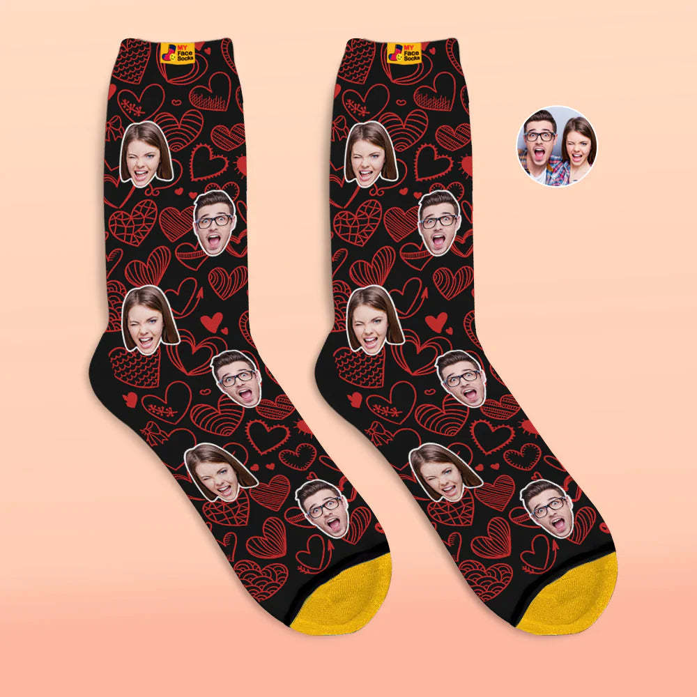 Chaussettes Imprimées Numériques Personnalisées En 3d Cadeau De La Saint-valentin Coeurs Flottants Chaussettes Sur Tout Le Visage Pour Les Amoureux - VisageChaussettes