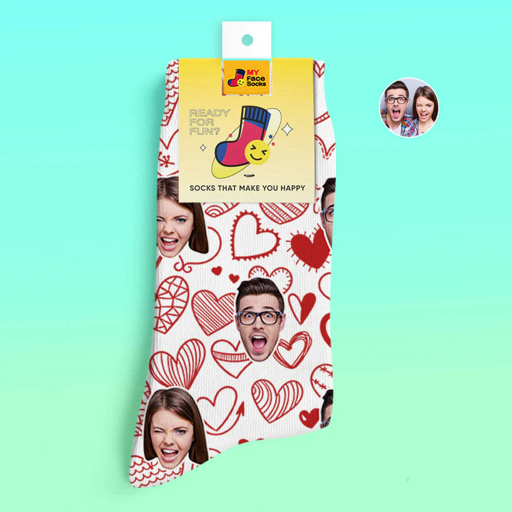 Chaussettes Imprimées Numériques Personnalisées En 3d Cadeau De La Saint-valentin Coeurs Flottants Chaussettes Sur Tout Le Visage Pour Les Amoureux - VisageChaussettes