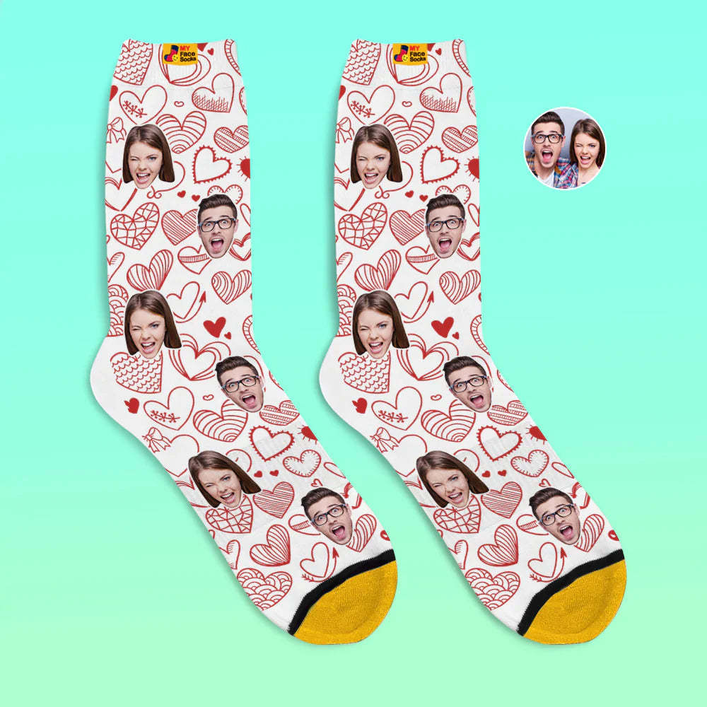 Chaussettes Imprimées Numériques Personnalisées En 3d Cadeau De La Saint-valentin Coeurs Flottants Chaussettes Sur Tout Le Visage Pour Les Amoureux - VisageChaussettes