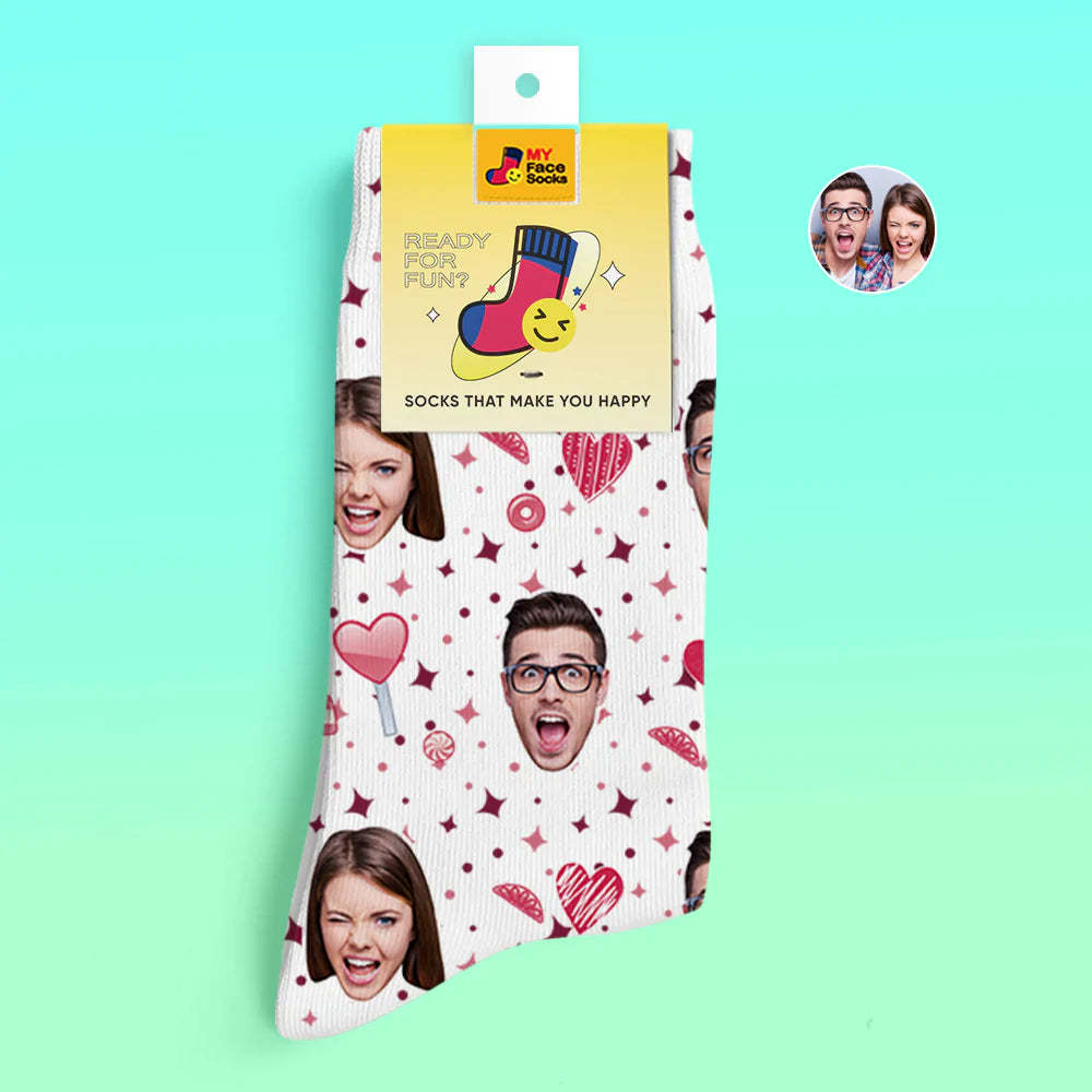 Chaussettes Imprimées Numériques Personnalisées En 3d Chaussettes De Visage De Coeur De Sucrerie De Cadeau De Saint-valentin Pour L'amant - VisageChaussettes