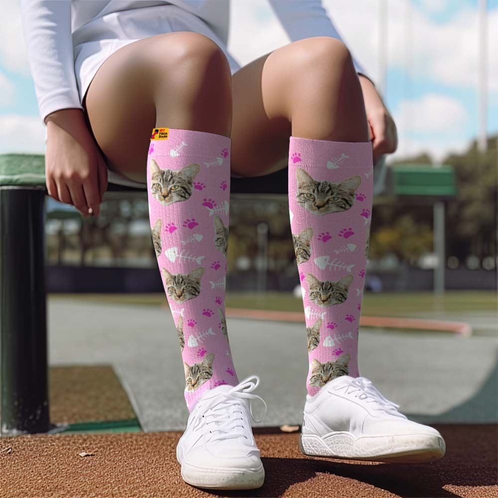 Mise À Niveau Pour La Fête Des Pères, Chaussettes De Compression Respirantes Et Personnalisées, Hauteur Des Genoux, Aperçu En Ligne, Ajouter Une Photo Et Un Nom De Chat - MyFaceSocksFR