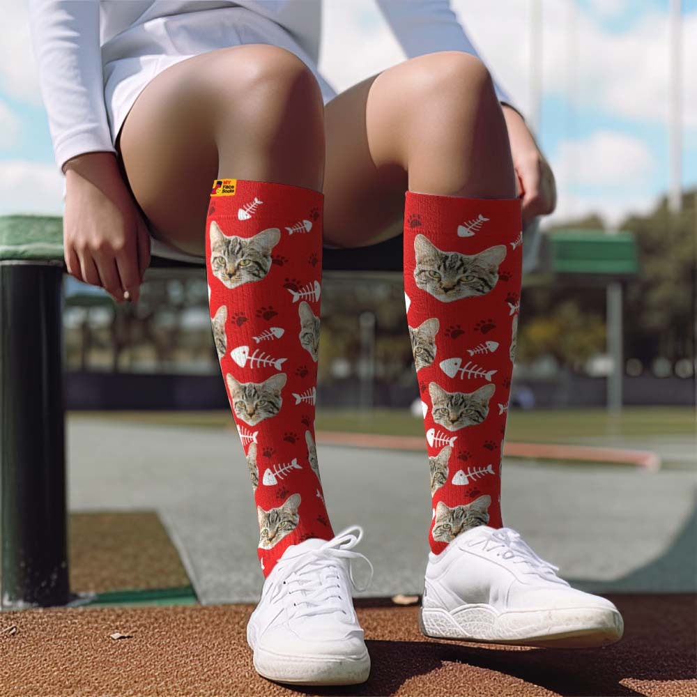 Mise À Niveau Pour La Fête Des Pères, Chaussettes De Compression Respirantes Et Personnalisées, Hauteur Des Genoux, Aperçu En Ligne, Ajouter Une Photo Et Un Nom De Chat - MyFaceSocksFR