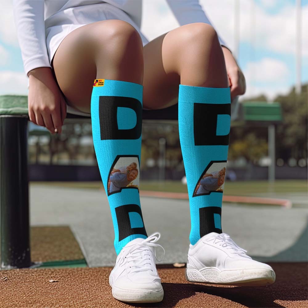 Mise À Niveau Pour La Fête Des Pères, Chaussettes De Compression Respirantes Personnalisées À Hauteur De Genou, Aperçu En Ligne, Ajouter Une Photo Et Un Nom Papa - MyFaceSocksFR