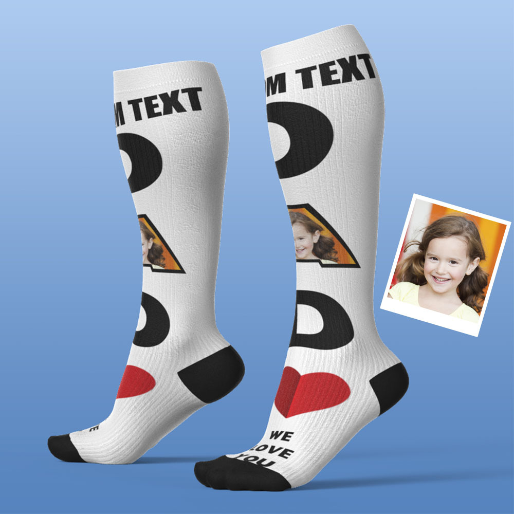 Mise À Niveau Pour La Fête Des Pères, Chaussettes De Compression Respirantes Personnalisées À Hauteur De Genou, Aperçu En Ligne, Ajouter Une Photo Et Un Nom Papa - MyFaceSocksFR